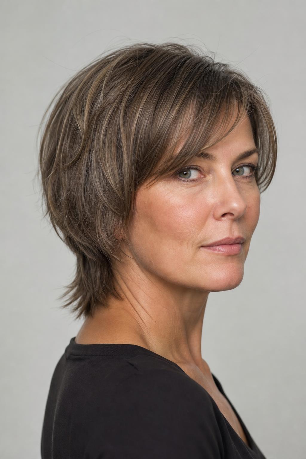 Short Layered Cut with a Deliberately Longer Nape on Fine Ash Brown Hair