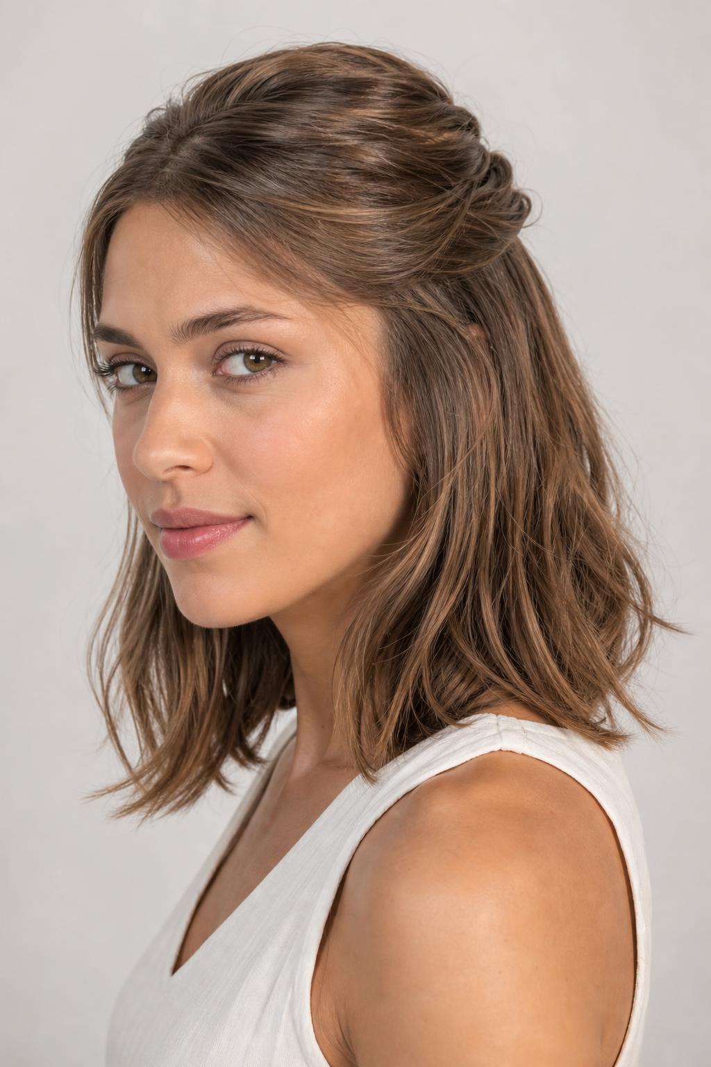 Collarbone-Length Cut Worn with the Top Sections Twisted Back