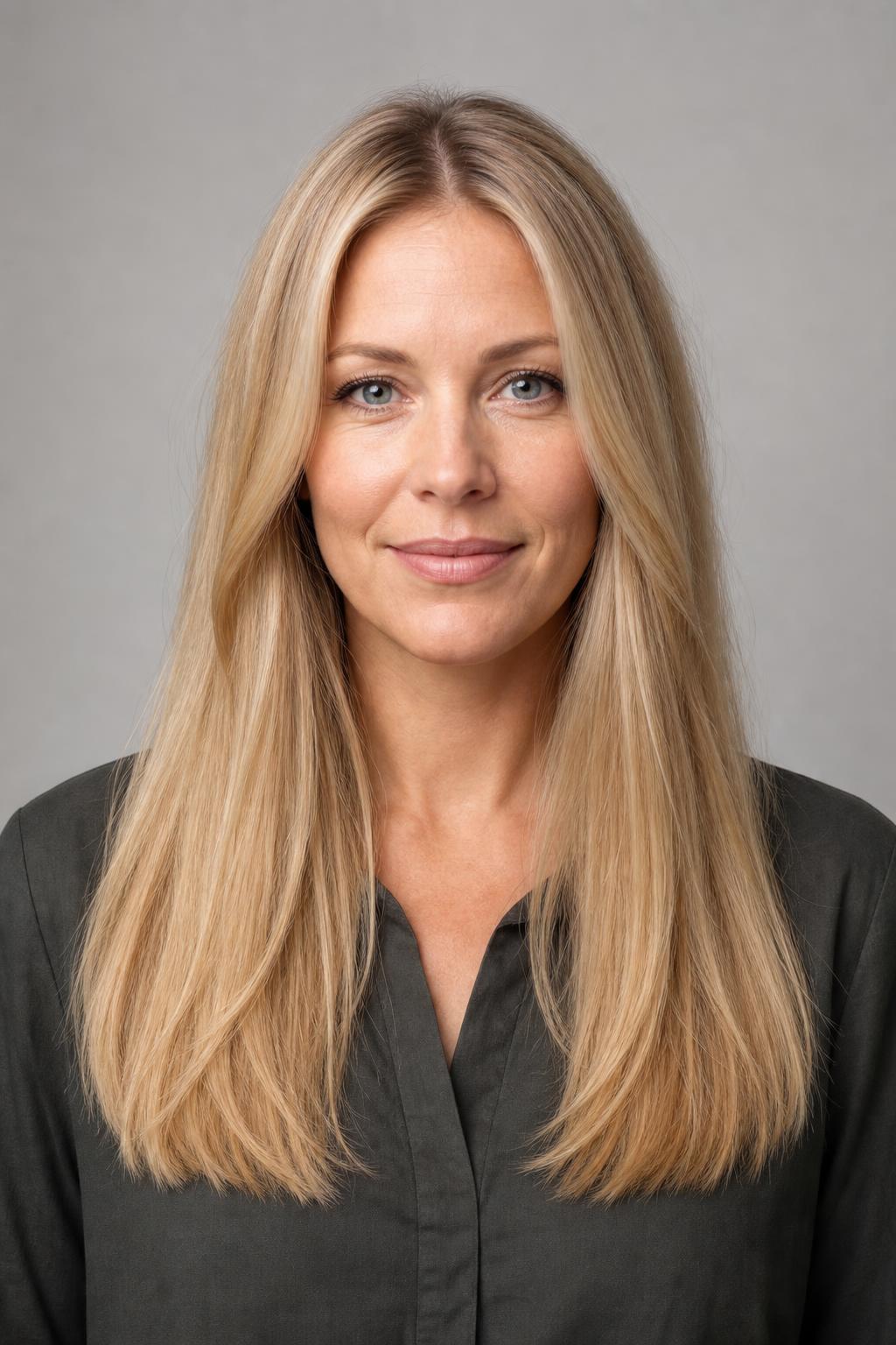 Long Cut with Hidden Interior Layers and a Solid Outline on Fine Blonde Hair