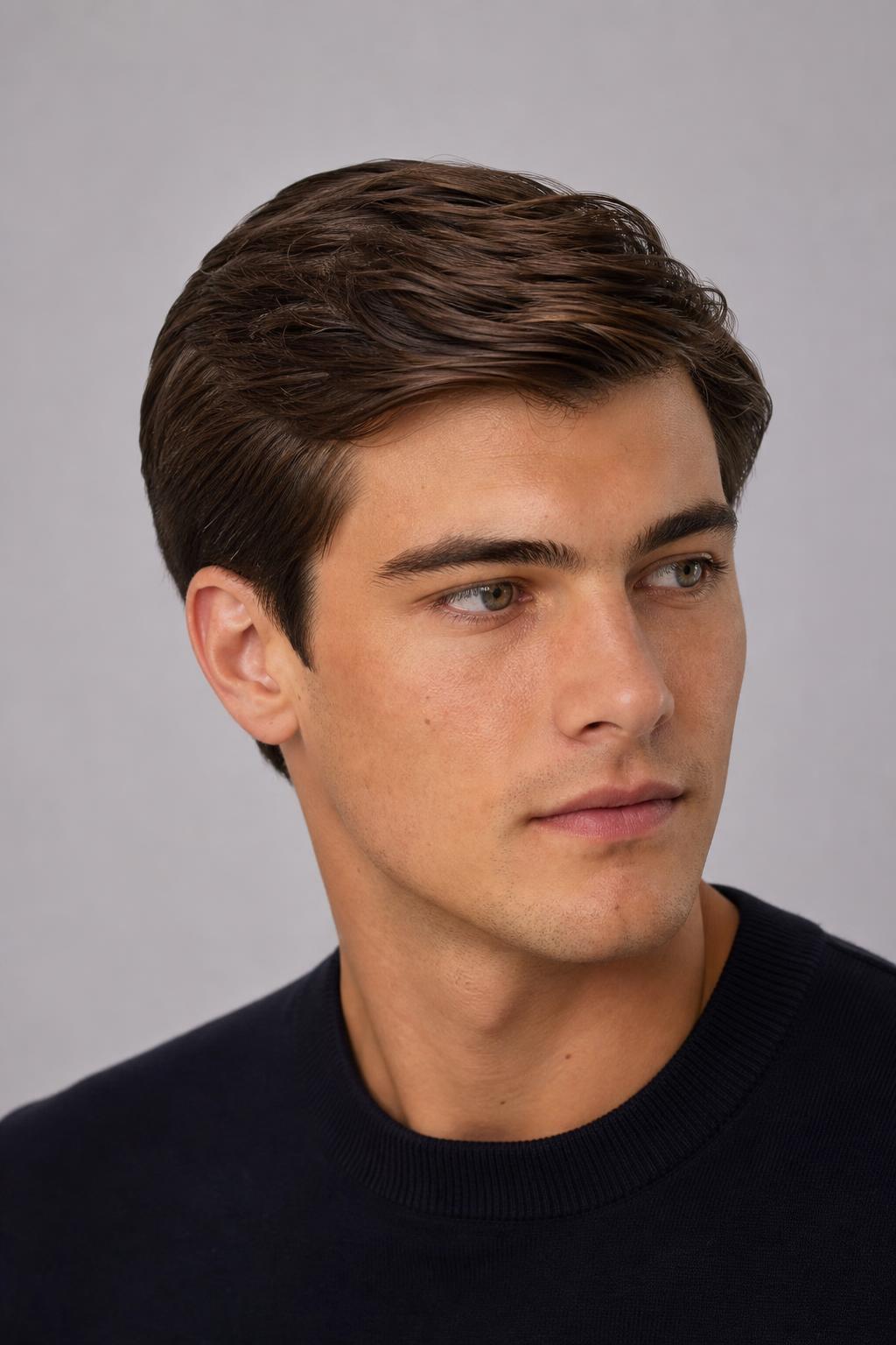 Ivy League Cut with Longer Front Length and a Tapered Back on Brown Hair