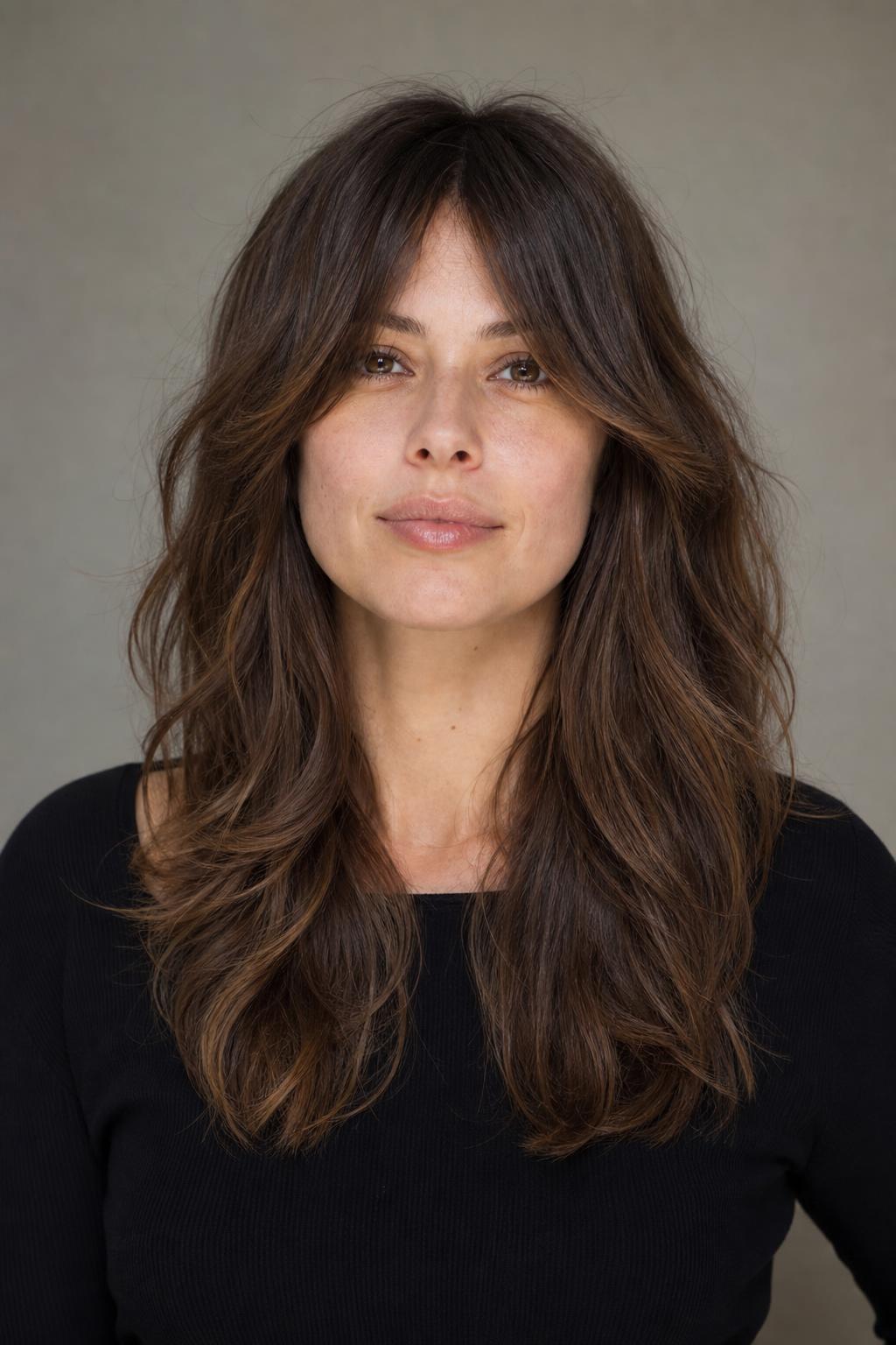 Lived-In Long Layers Cut on Dry Medium-Density Brown Hair
