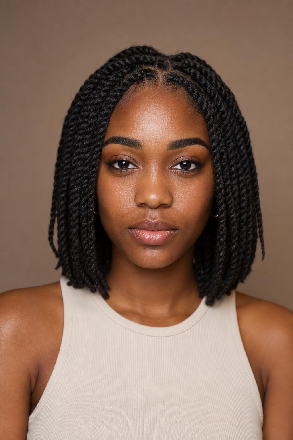 Shoulder-Length Senegalese Twists with a Smooth Rope Finish