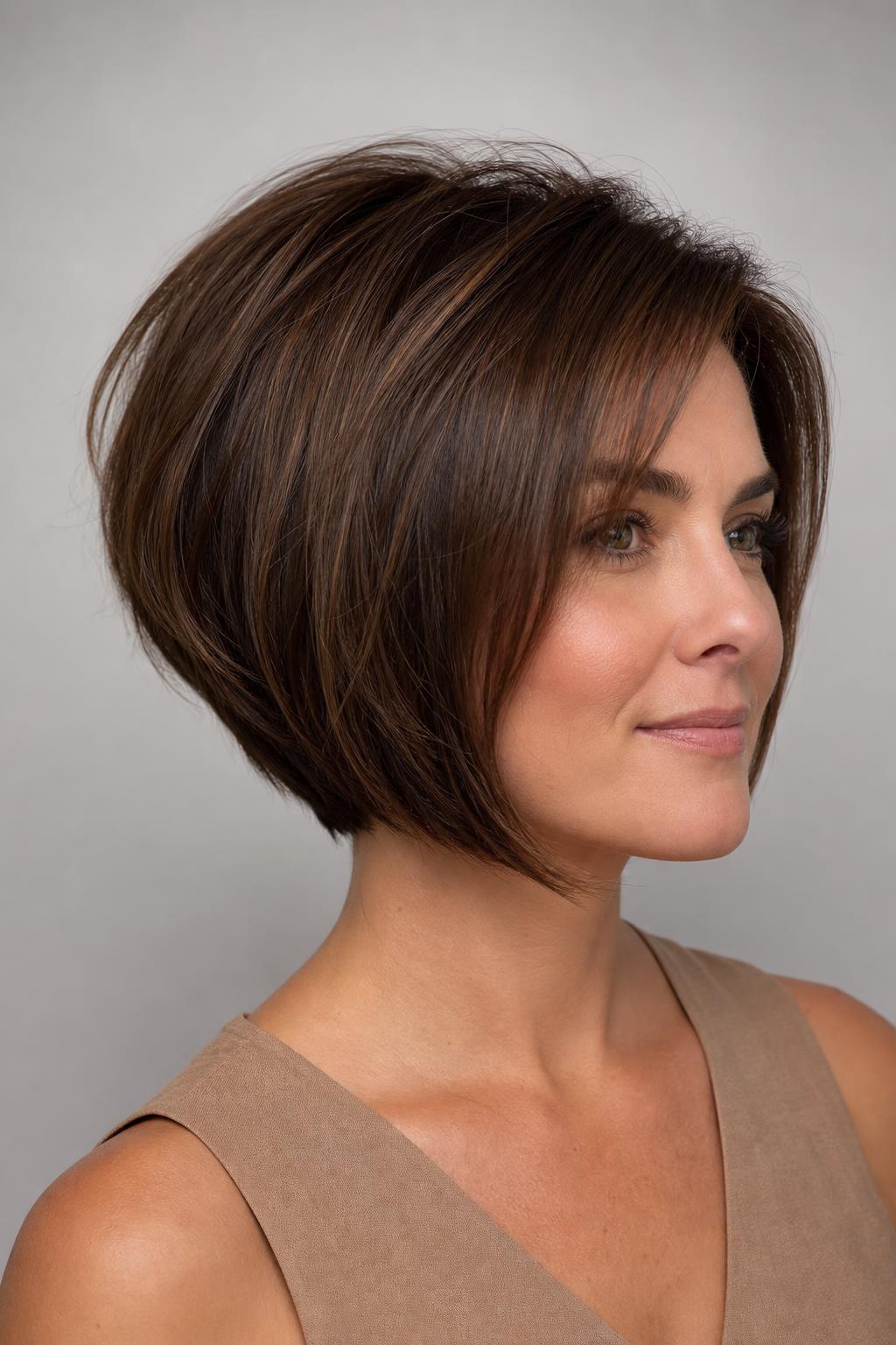 Stacked Bob with Graduated Volume at the Back on Medium Brown Hair