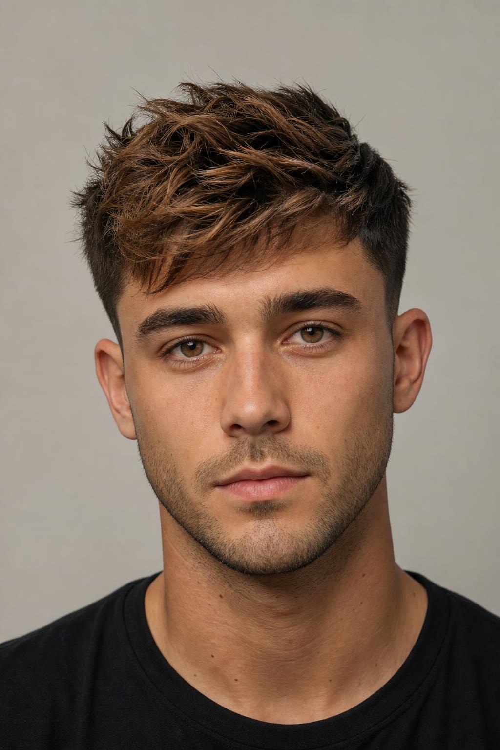 Textured Cut with Sun-Lifted Ends over Dark Roots on Medium-Length Hair