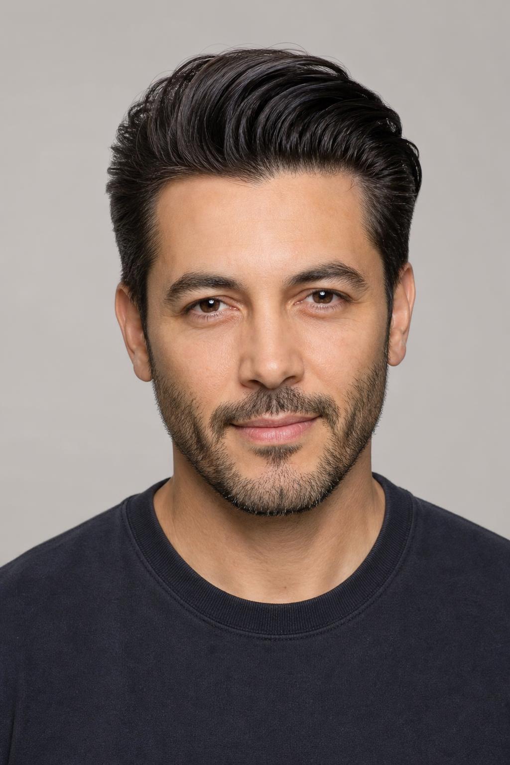 Classic Pompadour with Rounded Front Volume and Swept Sides on Thick Dark Hair