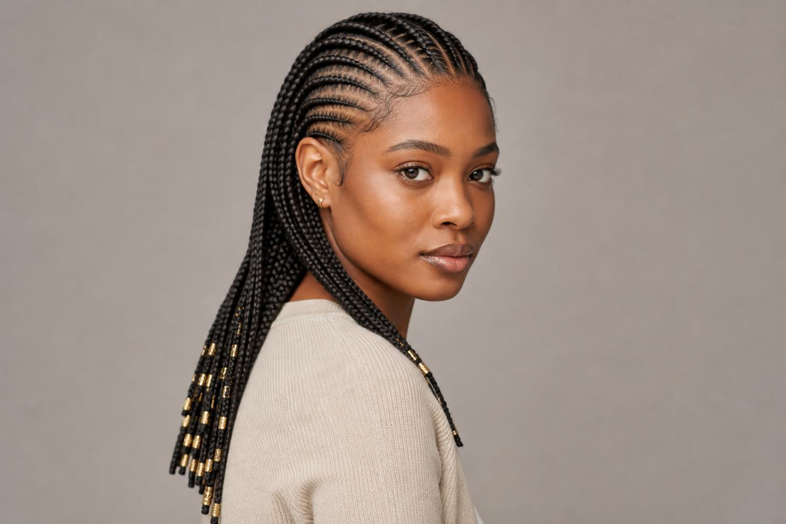 Center-Part Fulani-Inspired Tribal Braids with Gold Cuffs and Beaded Ends