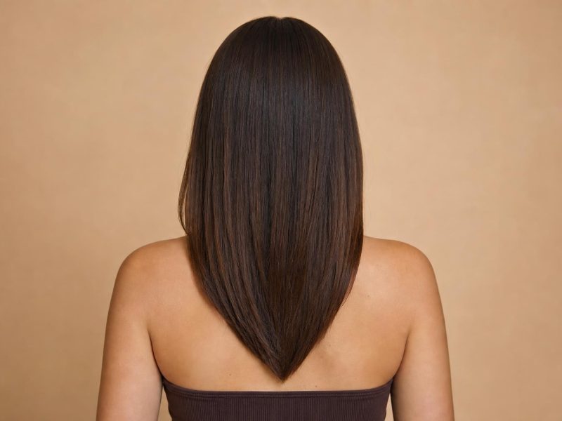 Back View of Mid-Back Dark Brown Hair Cut to a Tapered V-Shaped Perimeter