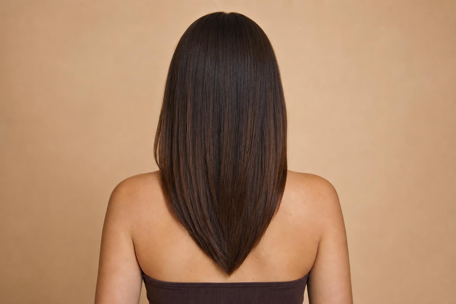 Back View of Mid-Back Dark Brown Hair Cut to a Tapered V-Shaped Perimeter