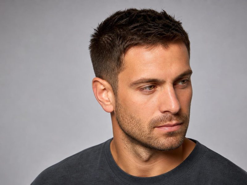 Very Short Textured Crop with a Guard Two Back and Sides on Dark Hair