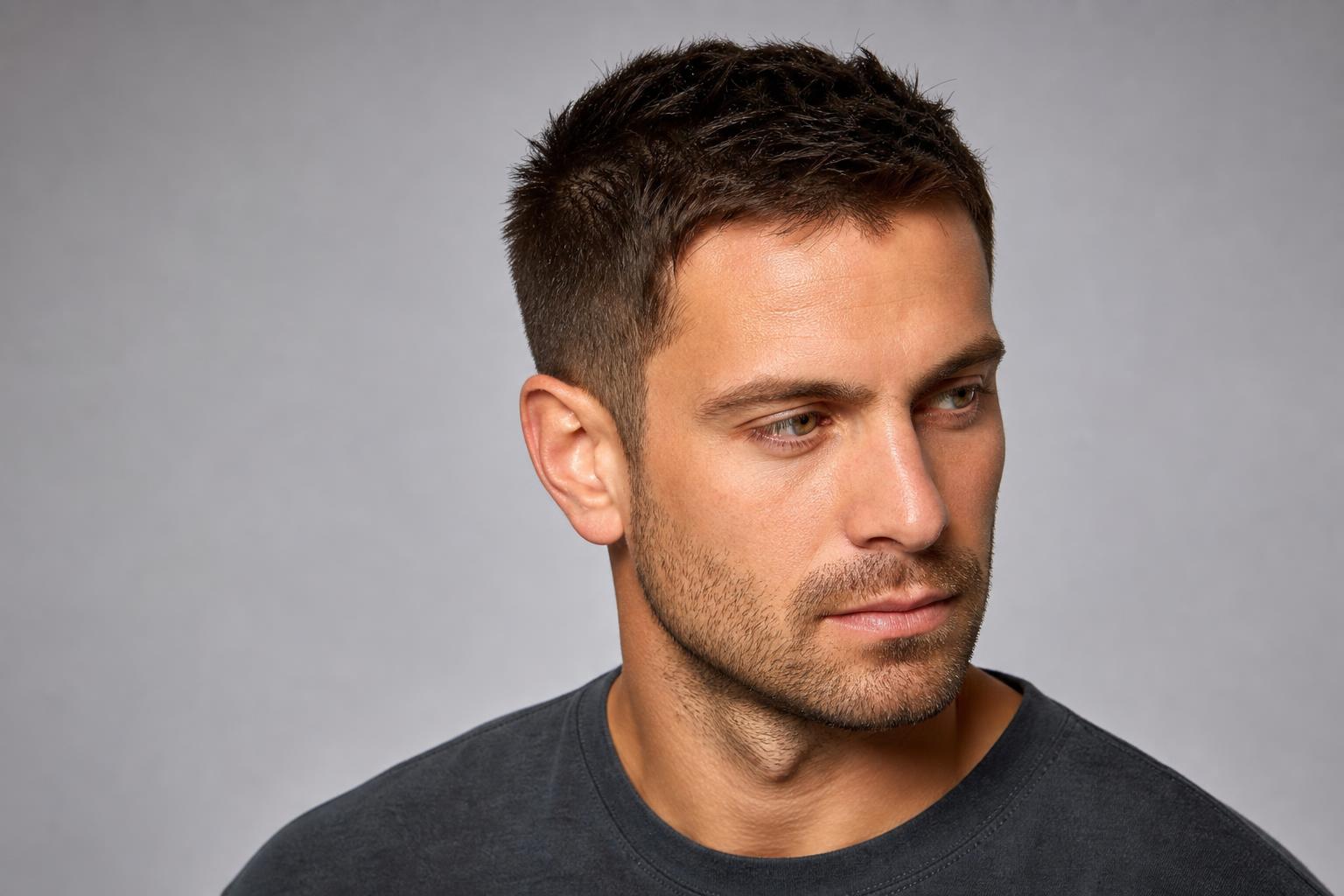 Very Short Textured Crop with a Guard Two Back and Sides on Dark Hair