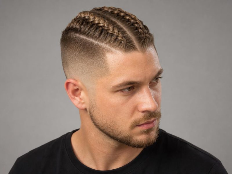 Twin Dutch Viking Braids over a Skin Fade on Thick Dark Blonde Hair