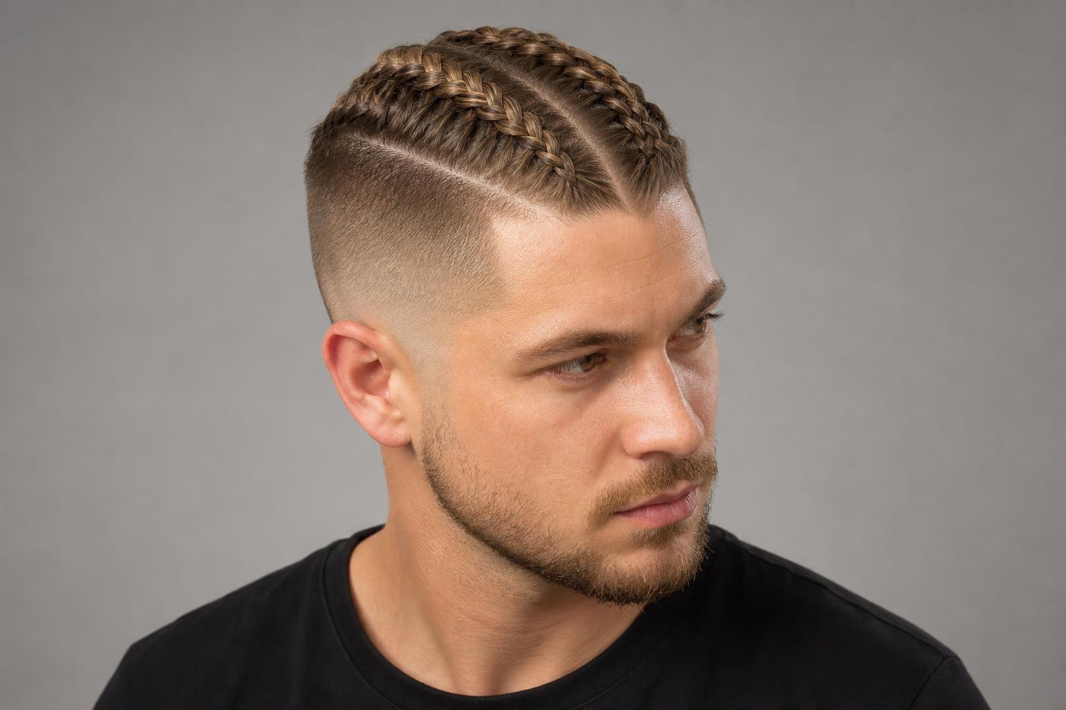 Twin Dutch Viking Braids over a Skin Fade on Thick Dark Blonde Hair