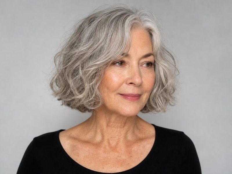 Wash-and-Wear Layered Bob on a Woman Over 60 with Soft Air-Dried Waves and Natural Silver Color