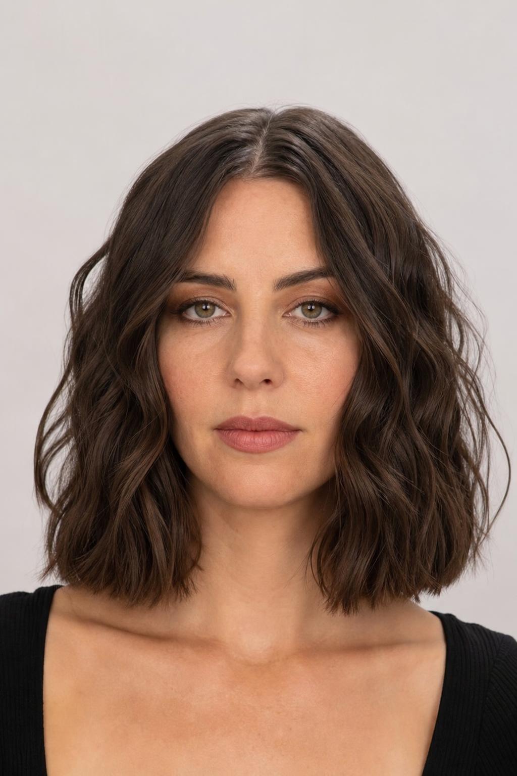 Collarbone-Length Wavy Lob with a Blunt Perimeter on Dense Chocolate Brown Hair