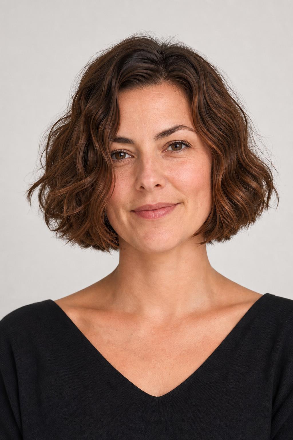 Chin-Length Wavy Bob in Warm Chestnut with a Deeper Root on Thick Waves