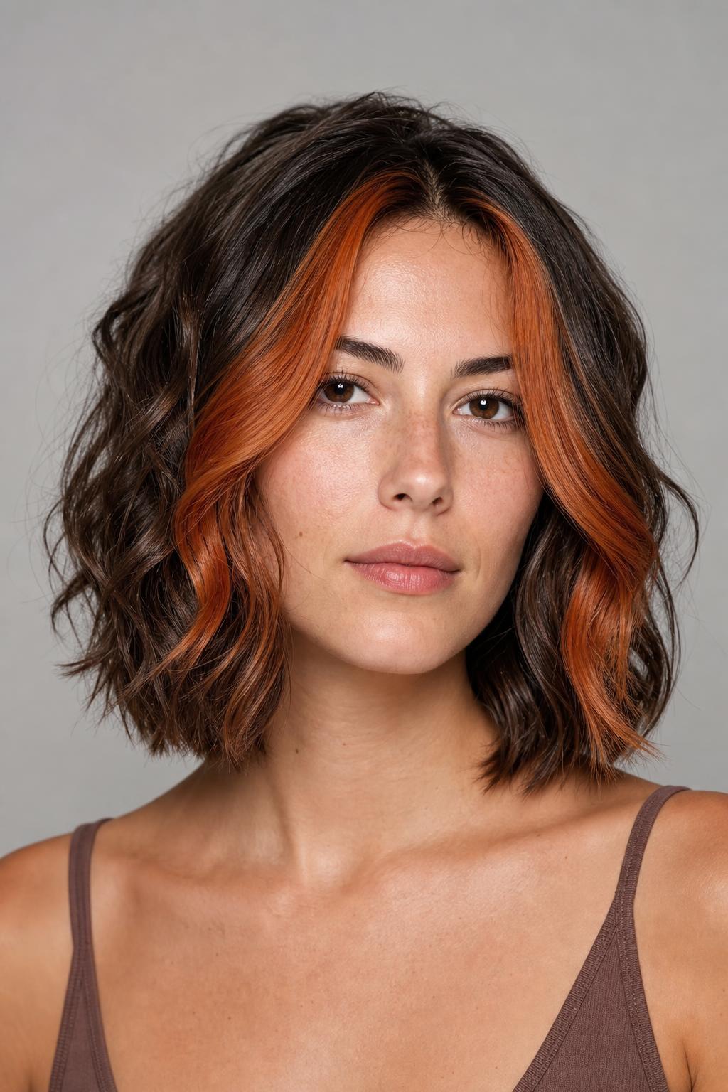 Wavy Bob with Bright Copper Money Piece Framing the Face on Brunette Waves