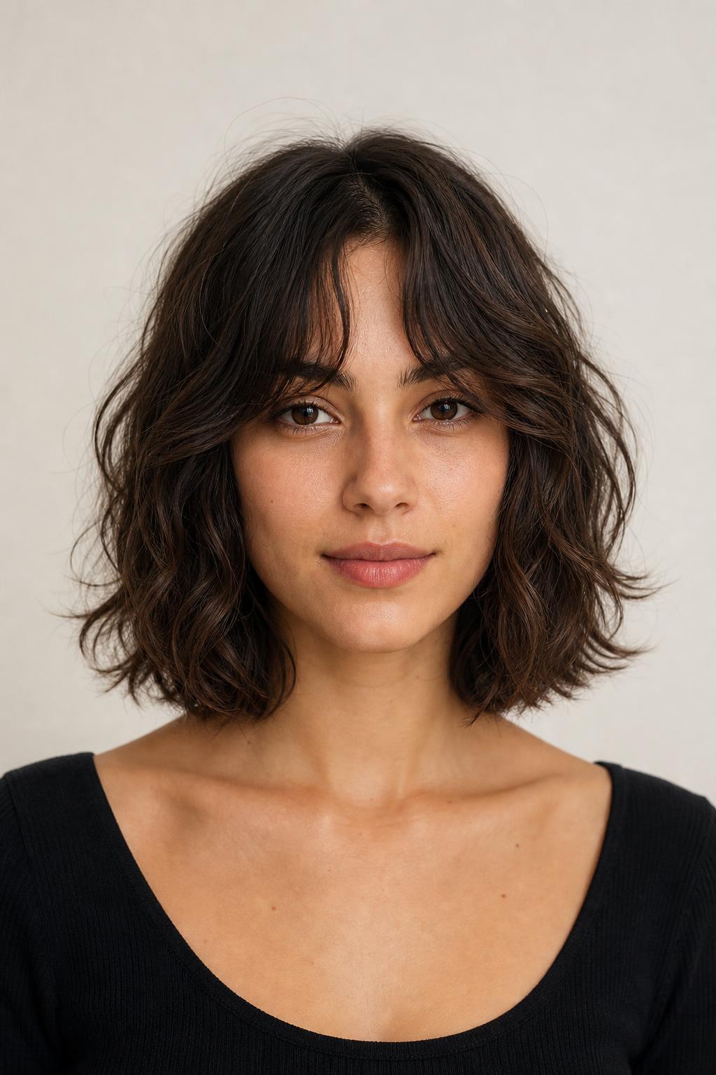 Wavy Bob with Cheekbone-Length Curtain Bangs on Medium Brown Waves