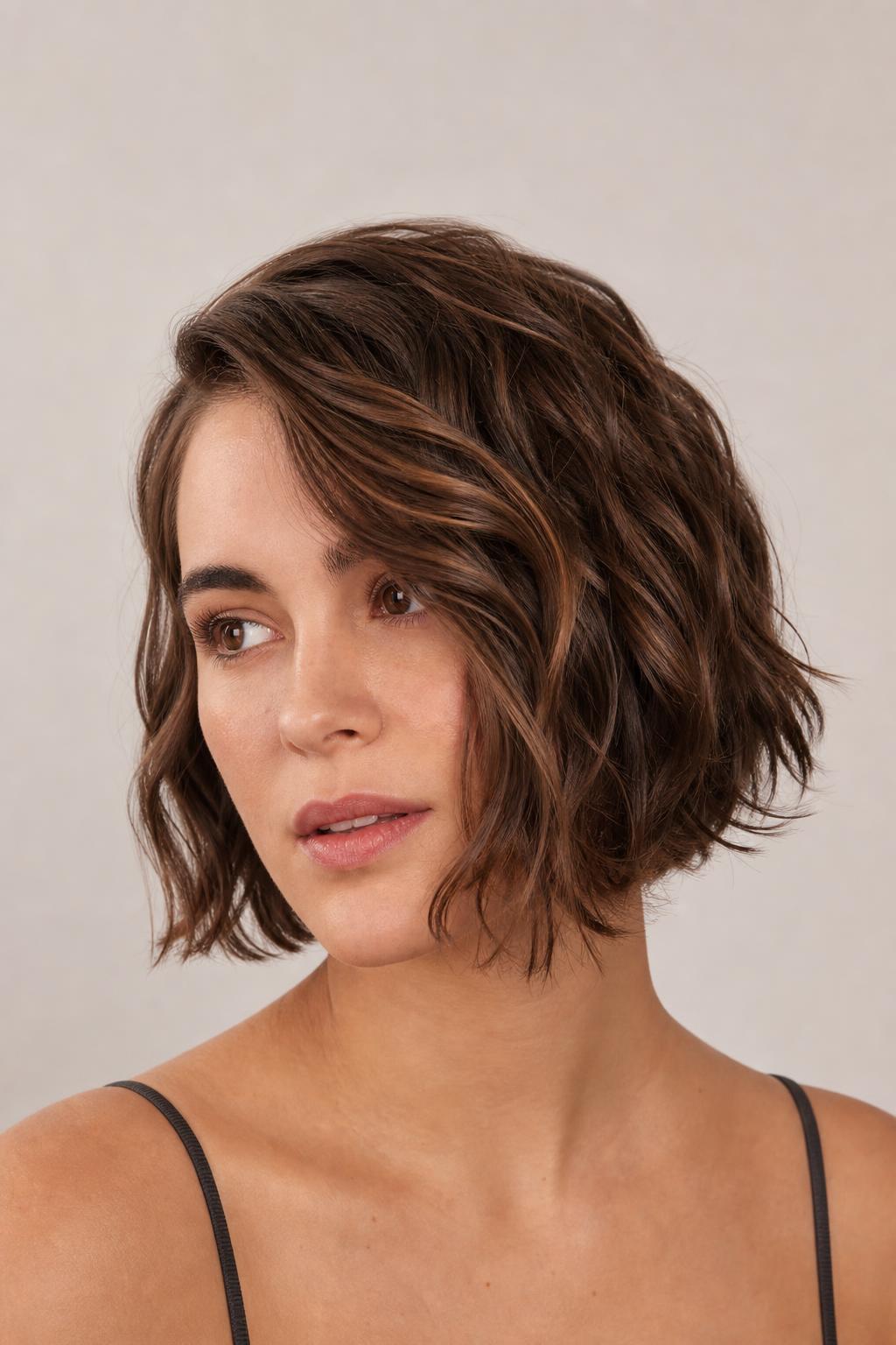 Jaw-Grazing Wavy Bob with a Deep Side Part on Medium Density Waves
