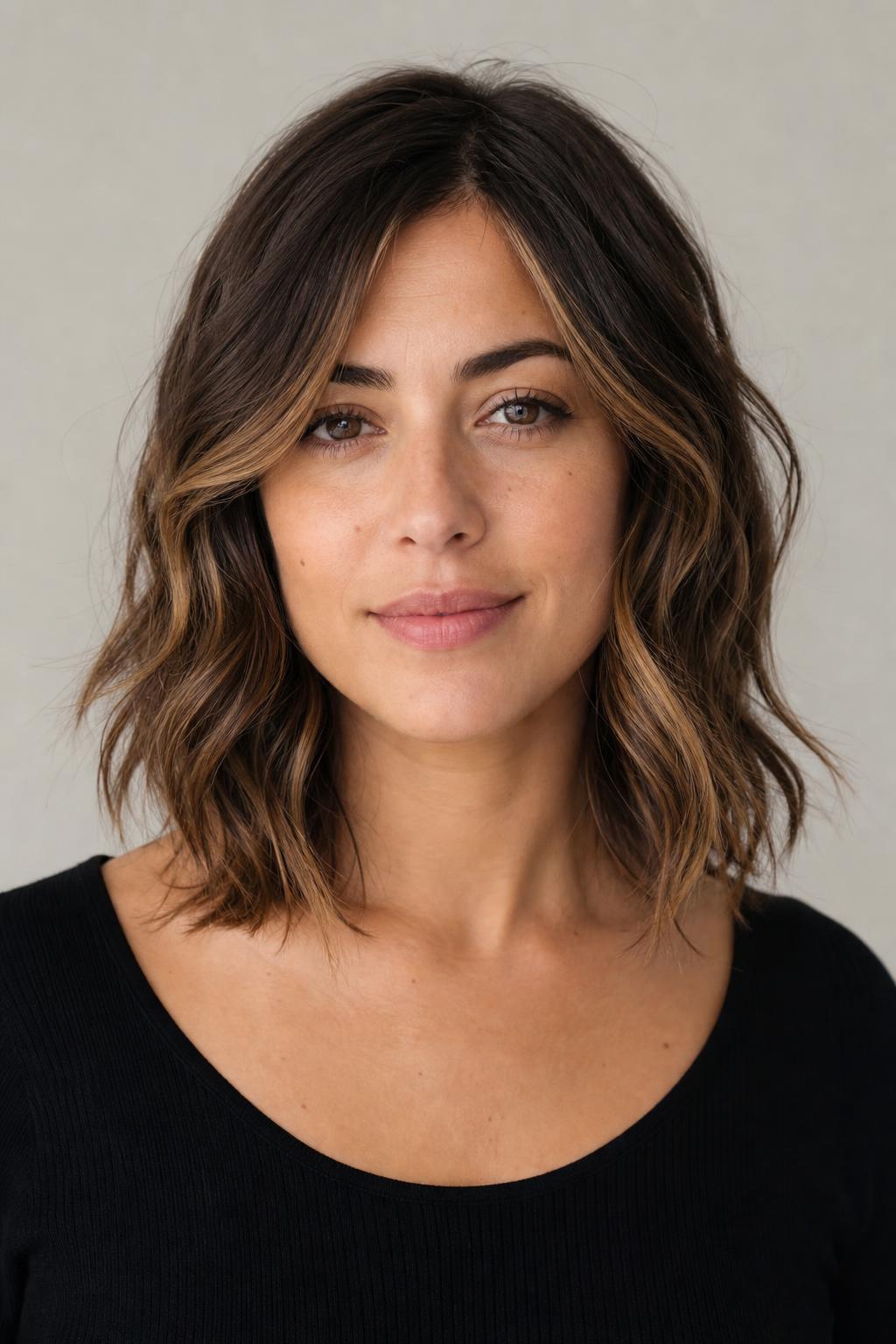 Collarbone Wavy Bob with Hand-Painted Face-Framing Highlights on Brown Waves