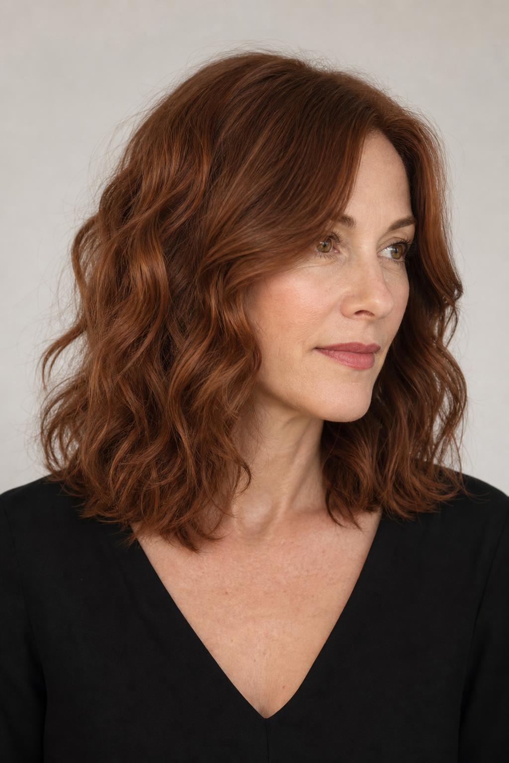 Collarbone Wavy Bob with Long Connected Layers on Thick Auburn Hair