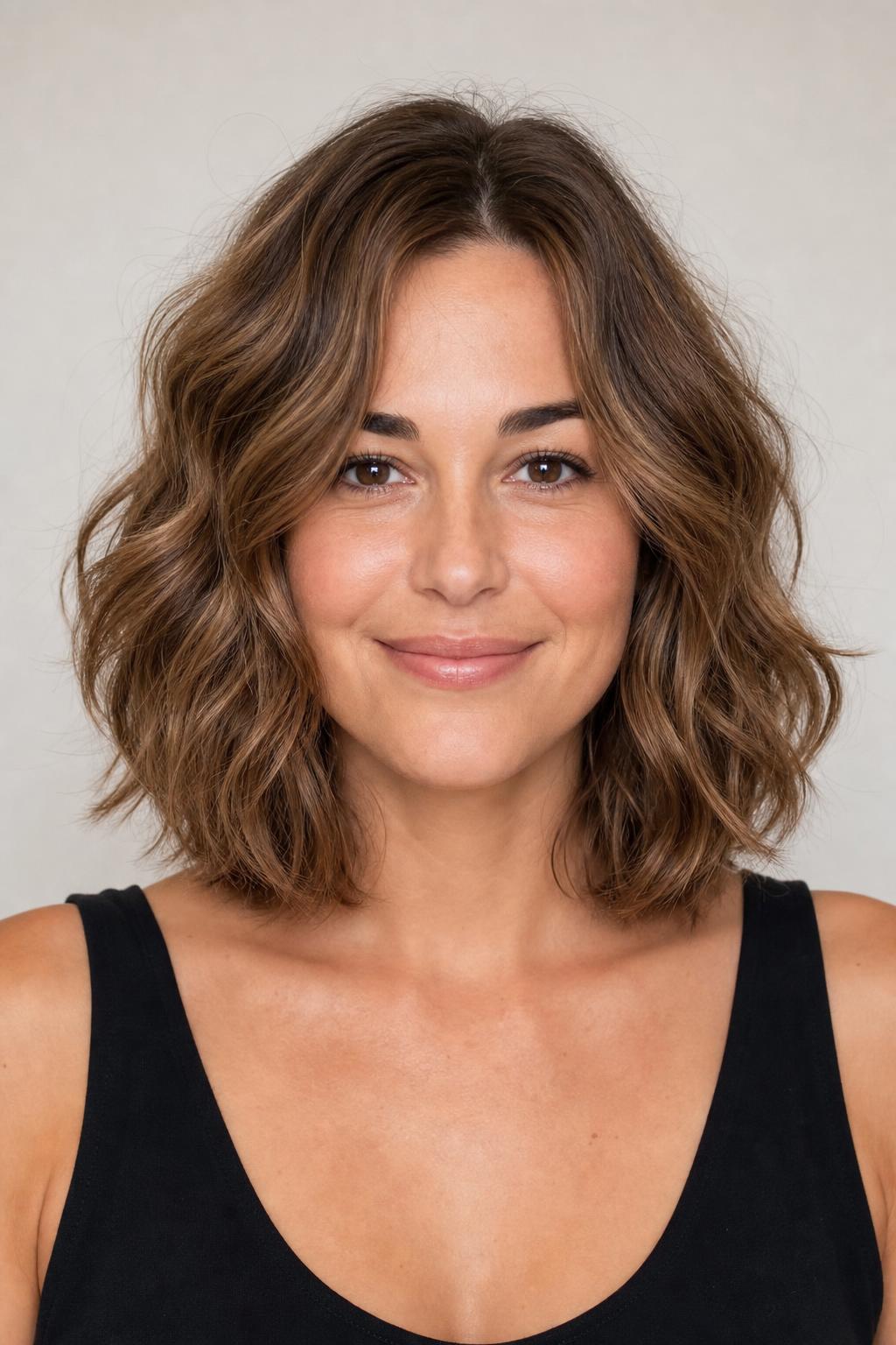 Rounded Layered Wavy Bob with Fullness Below the Jaw on Light Brown Hair