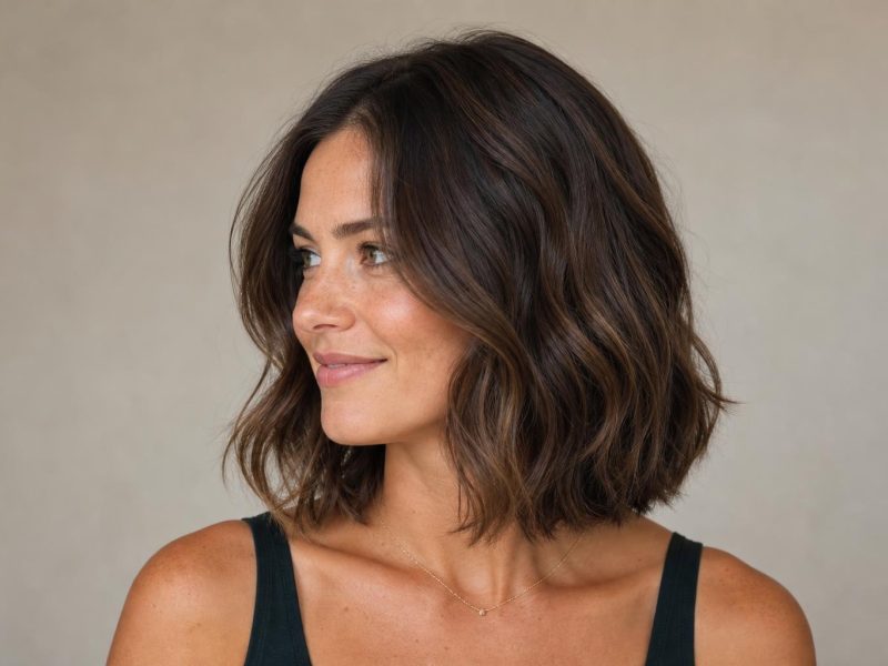 Collarbone Wavy Bob with Defined S-Waves on Thick Medium Brown Hair