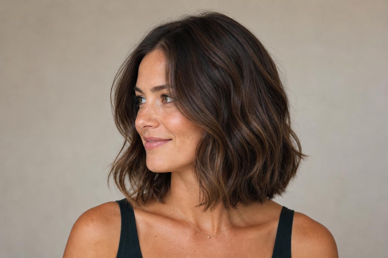 Collarbone Wavy Bob with Defined S-Waves on Thick Medium Brown Hair