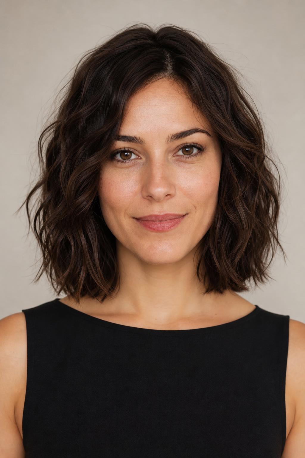 Wavy Bob with Hidden Internal Layers and a One-Length Outline on Thick Hair