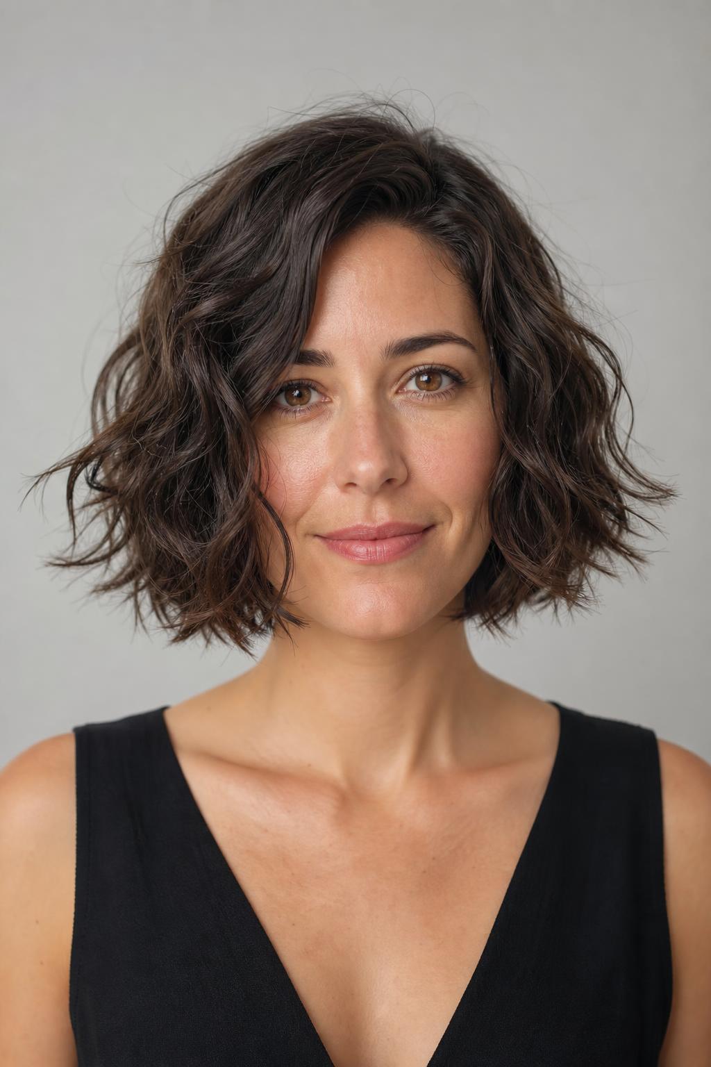 Chin-Length Wavy Bob with Point-Cut Perimeter on Thick Dark Brown Hair