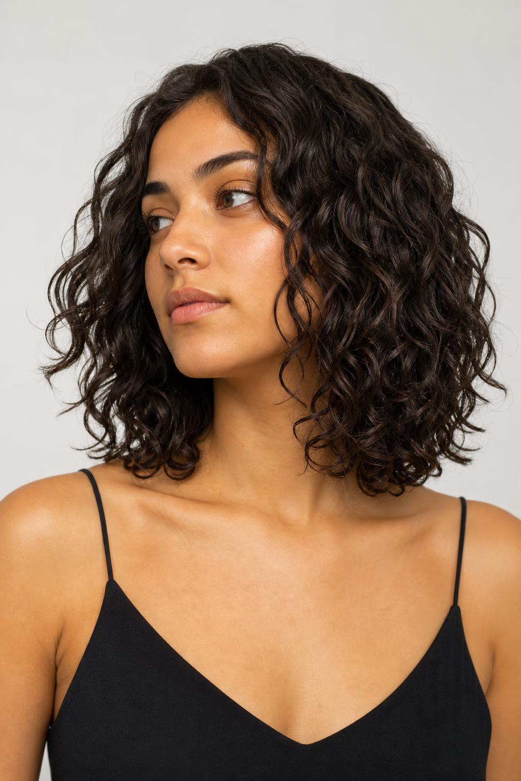 Collarbone Wavy Bob with Razor-Tapered Ends on Healthy Medium Brown Waves
