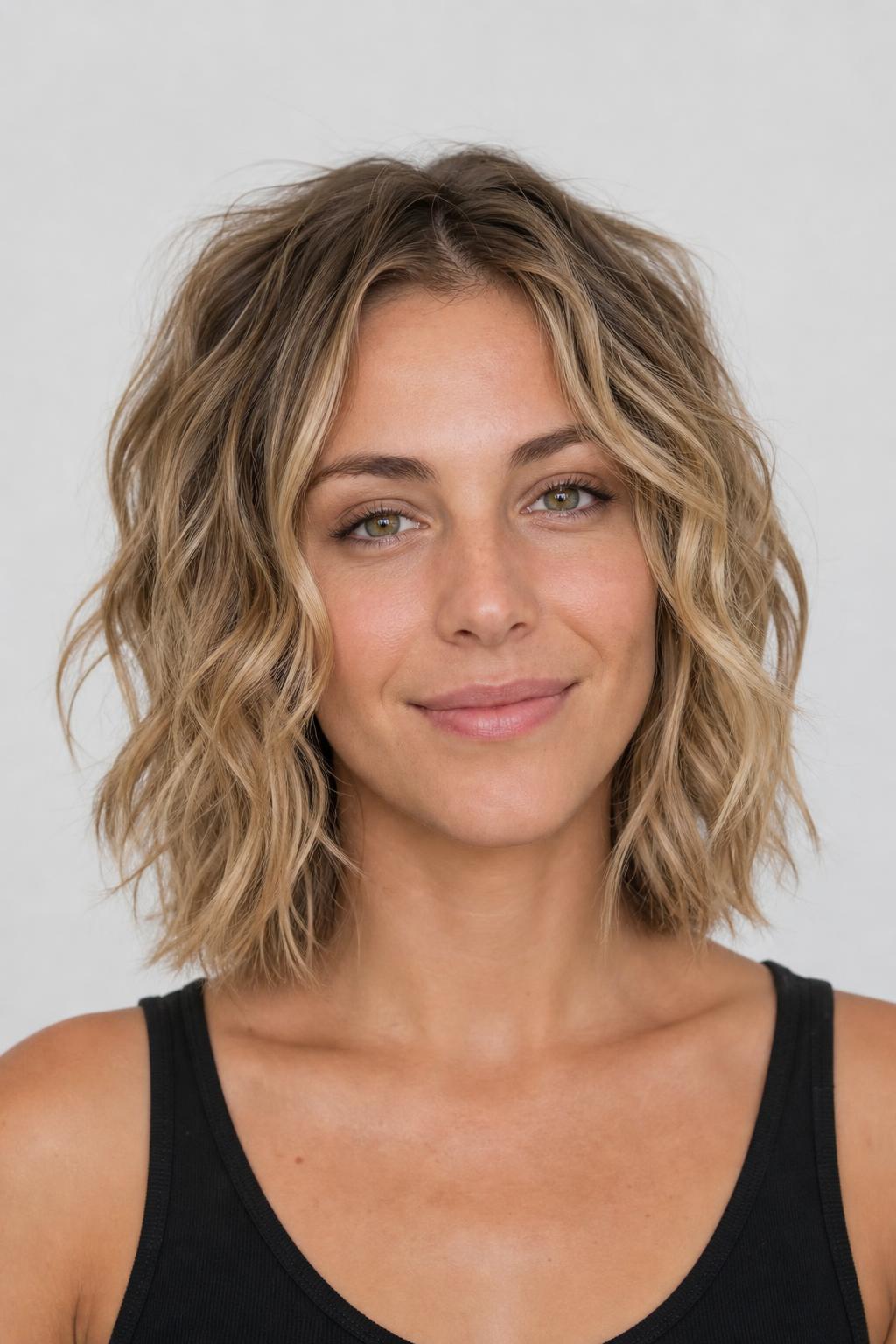Scrunched Wavy Bob with Piecey Sea Salt Texture on Sandy Blonde Hair