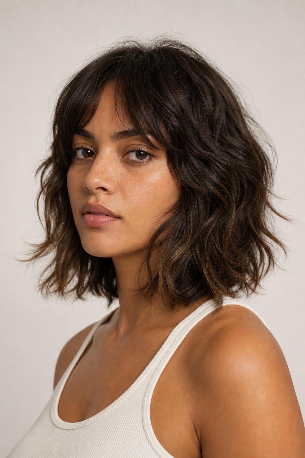 Shag-Influenced Wavy Bob with Short Crown Layers on Medium Brown Waves