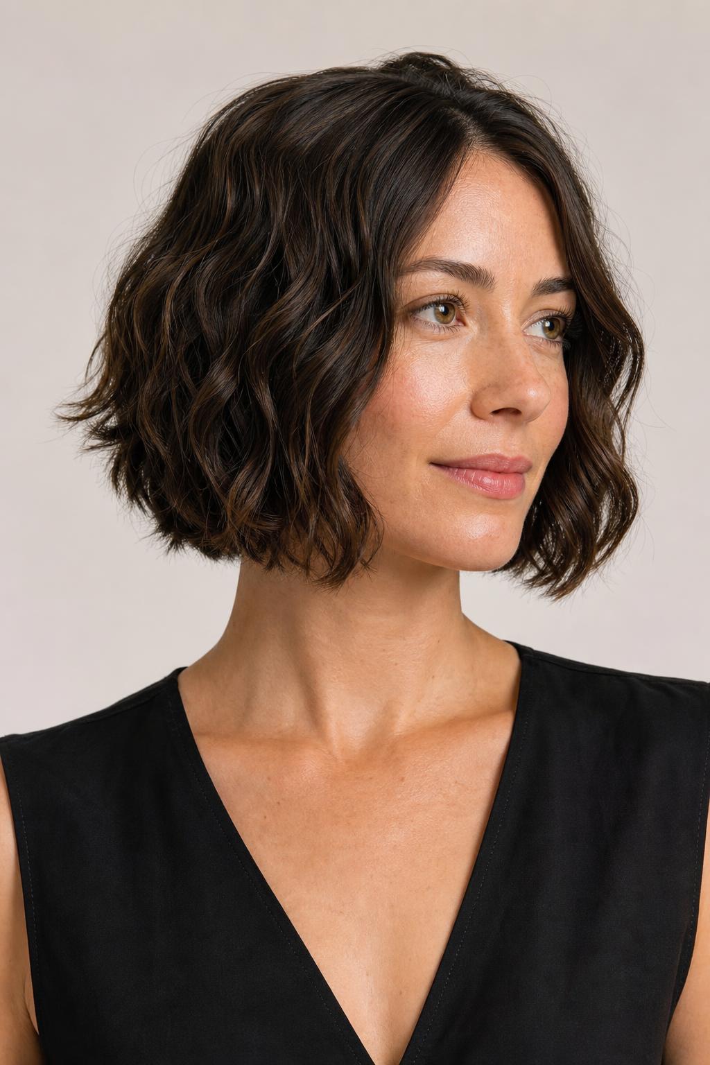 Soft A-Line Wavy Bob Angled Slightly Longer at the Front on Brunette Waves