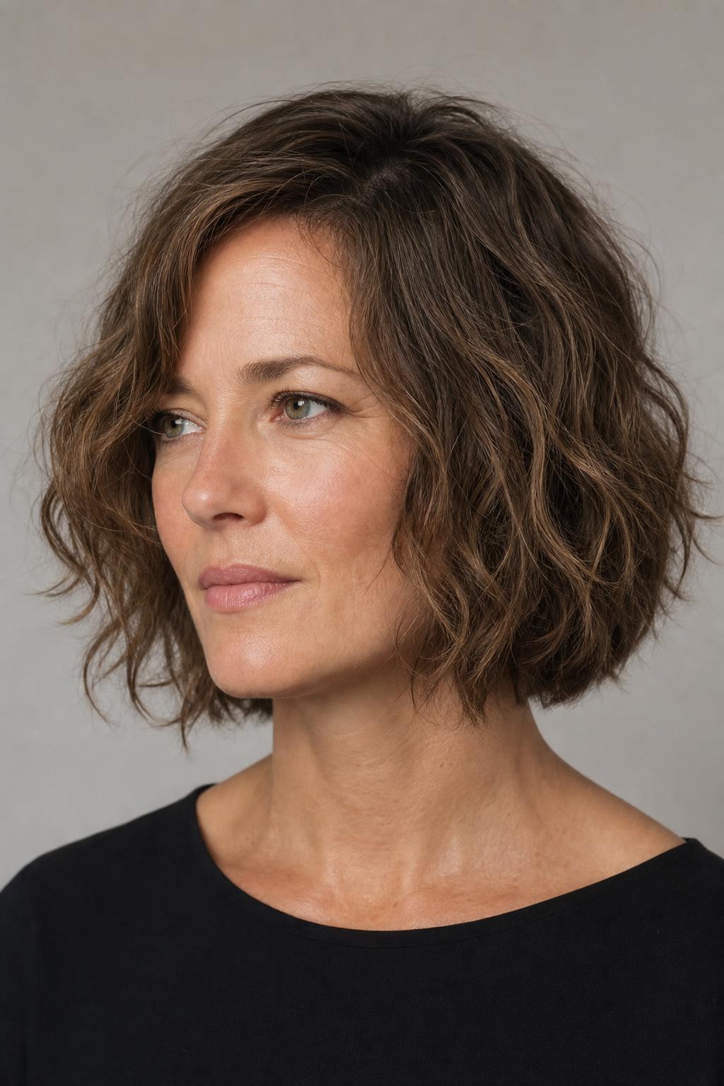 Jaw-Length Wavy Bob with a Softly Textured Perimeter on Ash Brown Hair