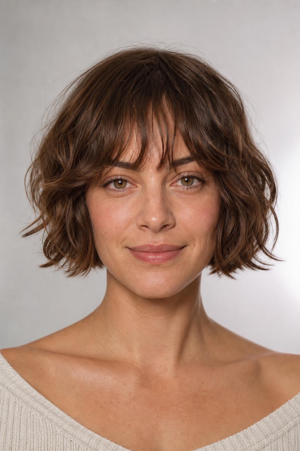 Wavy Bob with a Soft Wispy Fringe Blended into Face-Framing Layers