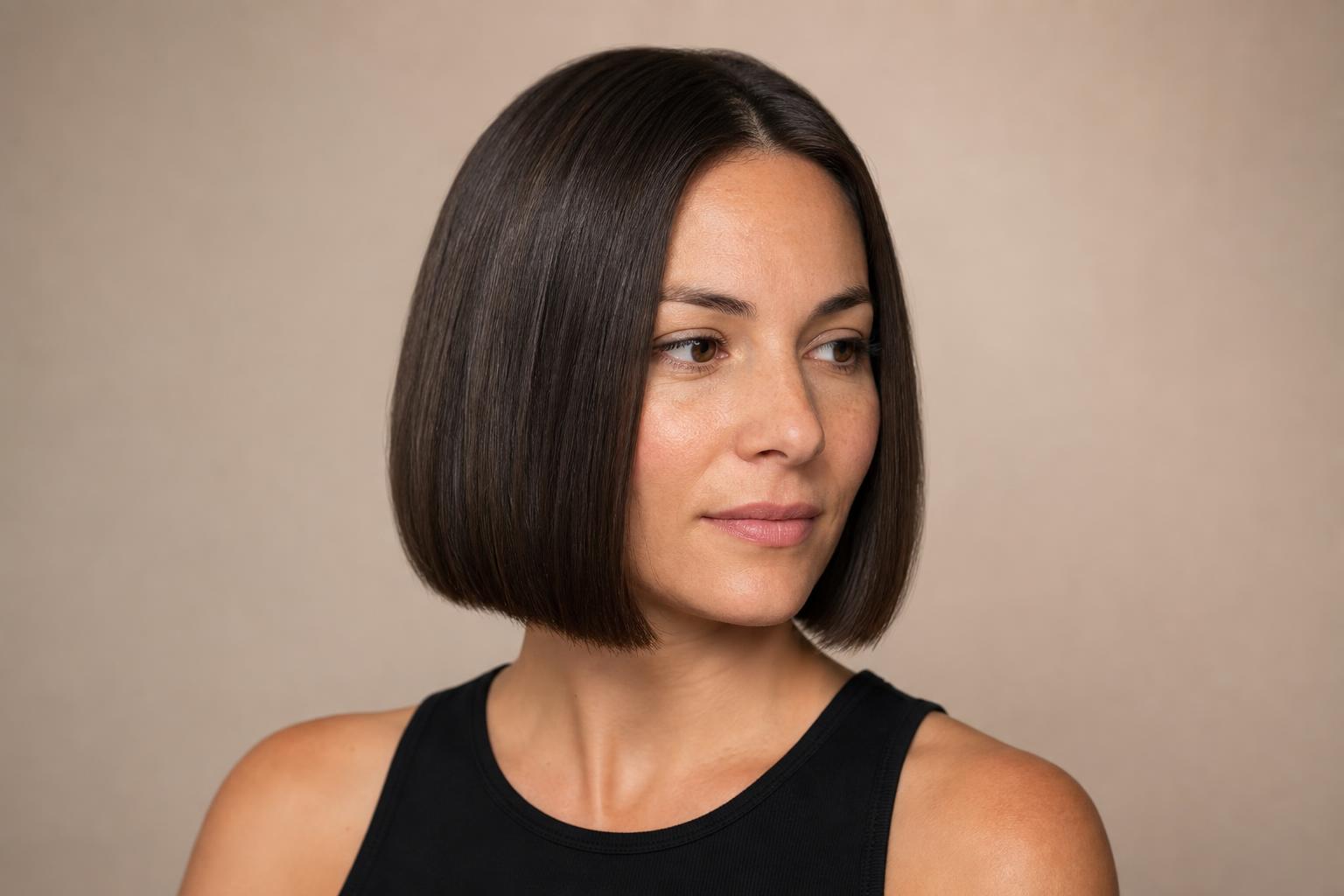 Blunt Jaw-Length Bob with a Sharp Perimeter Line on Straight Dark Brown Hair