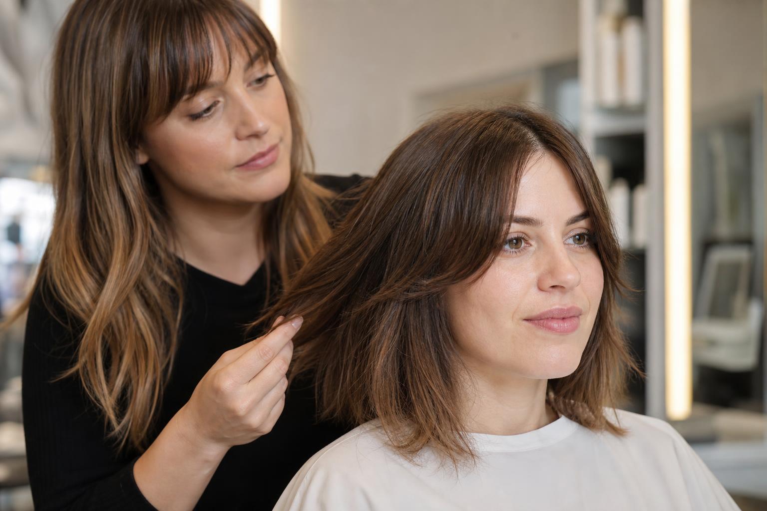 Stylist and Client Reviewing Hair Length at the Jaw in a Salon Mirror