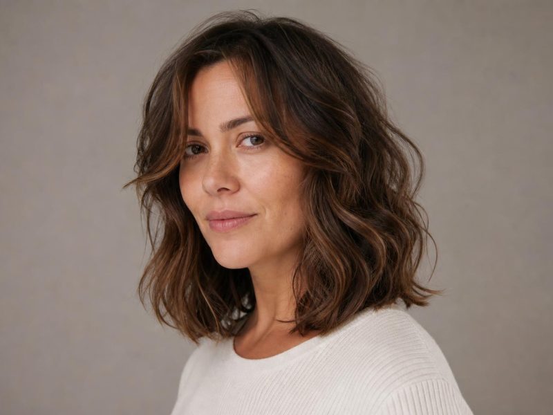 Shoulder-Length Layered Hair with Soft Face-Framing Pieces on Wavy Brown Hair