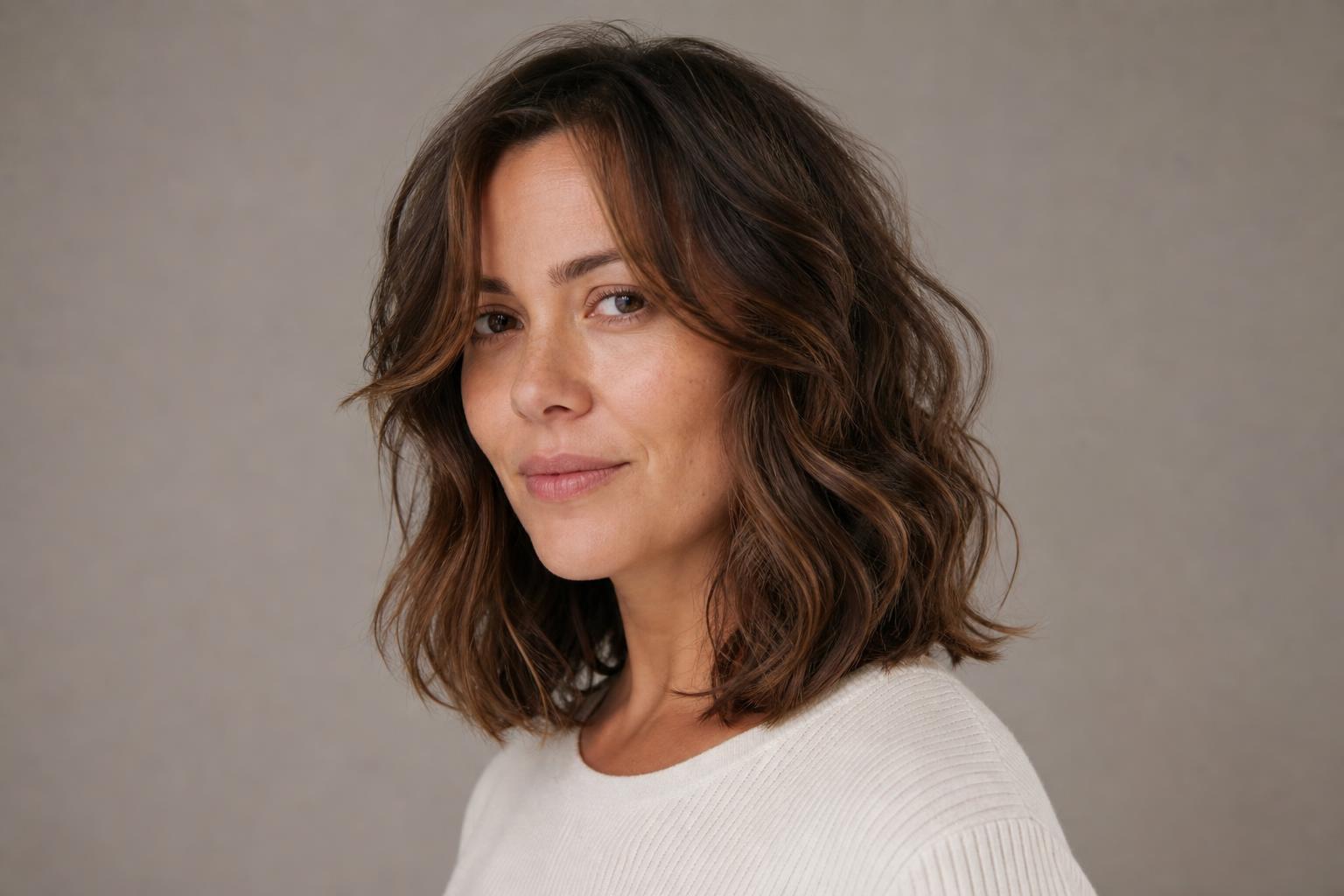 Shoulder-Length Layered Hair with Soft Face-Framing Pieces on Wavy Brown Hair