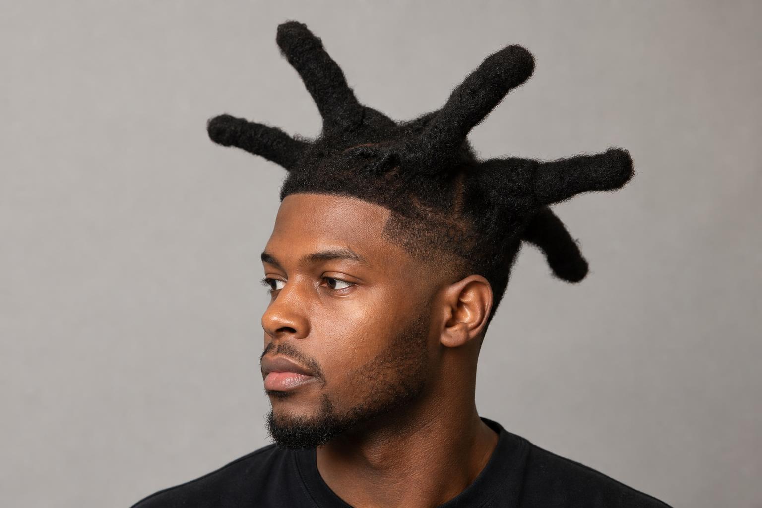 Wicks Hairstyle with Thick Cylindrical Locs Standing Up on a Dark-Haired Man