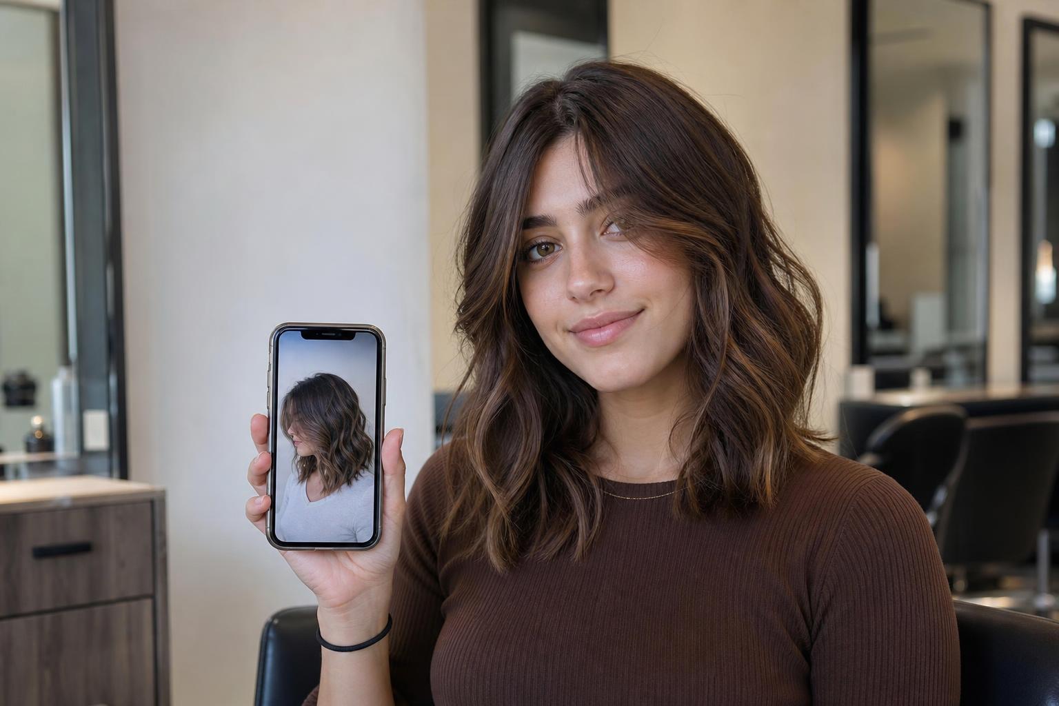 Client Holding a Reference Photo in the Salon Chair