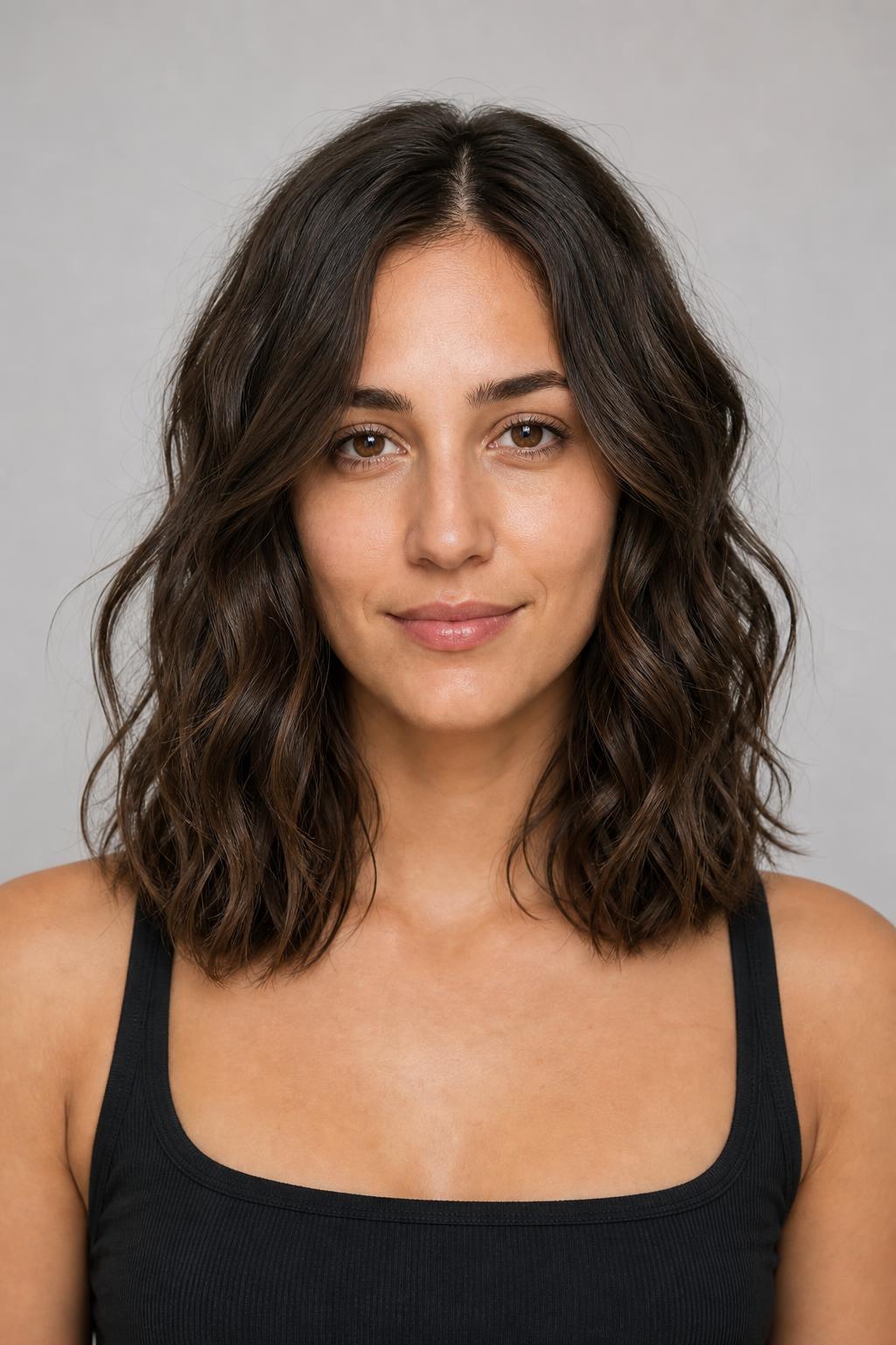 Air-Dried Natural Waves with a Glossy Mid-Length Finish on Dark Hair
