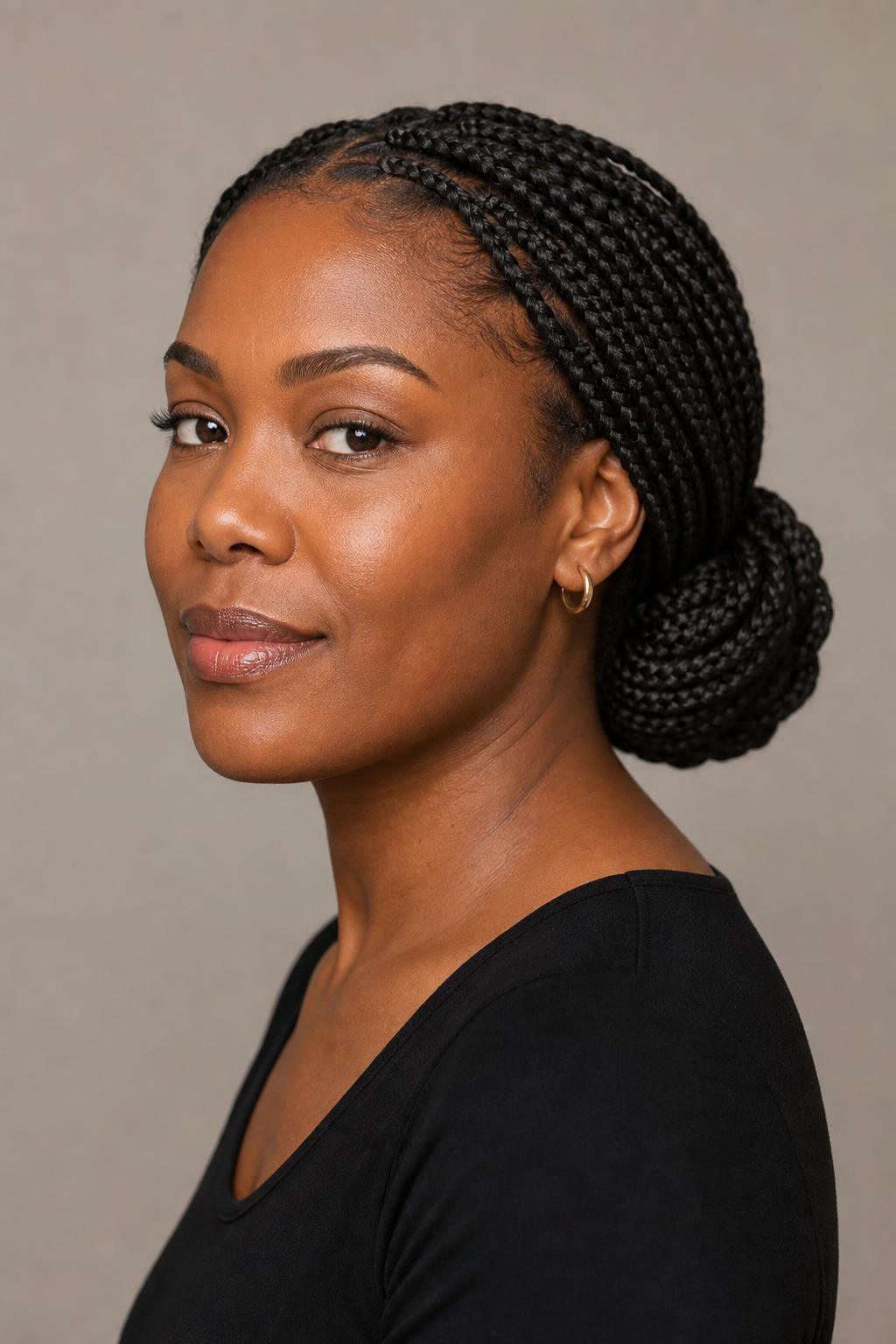 Braided Low Bun Coiled and Pinned at the Nape on Long Box Braids