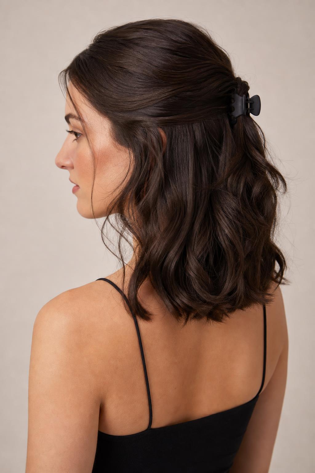 Half-Up Twist Secured with a Small Matte Claw Clip on Dark Wavy Hair
