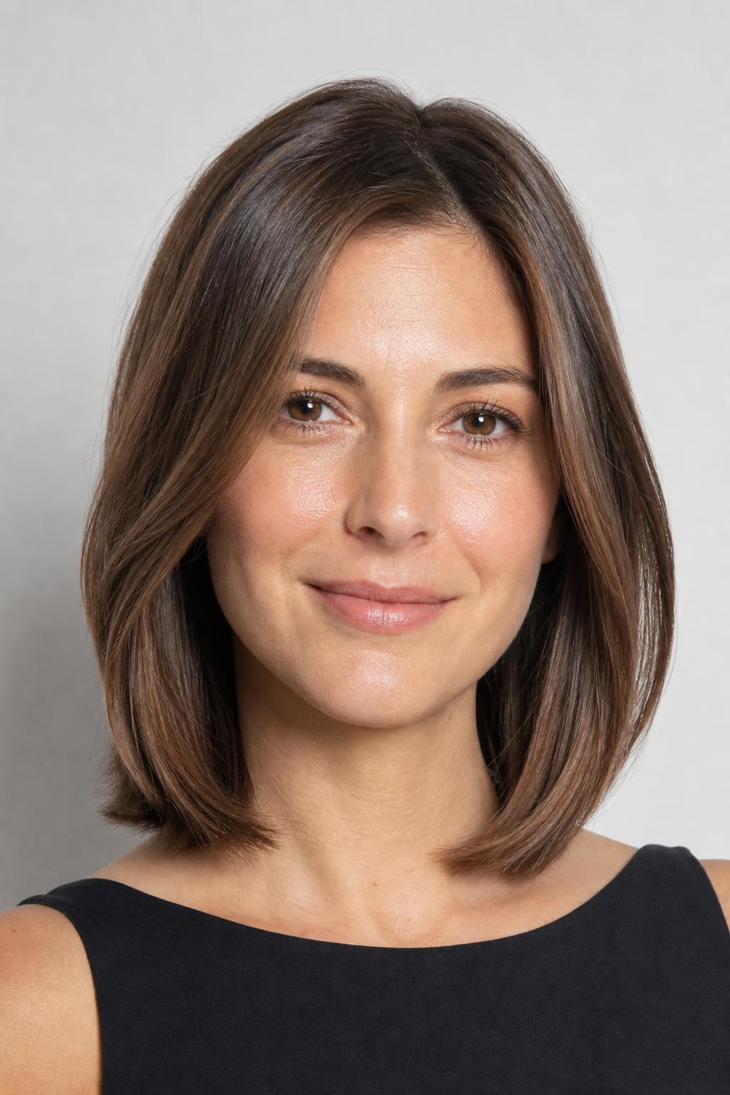 Smooth Collarbone Blowout with Ends Turned Under on Chestnut Brown Hair