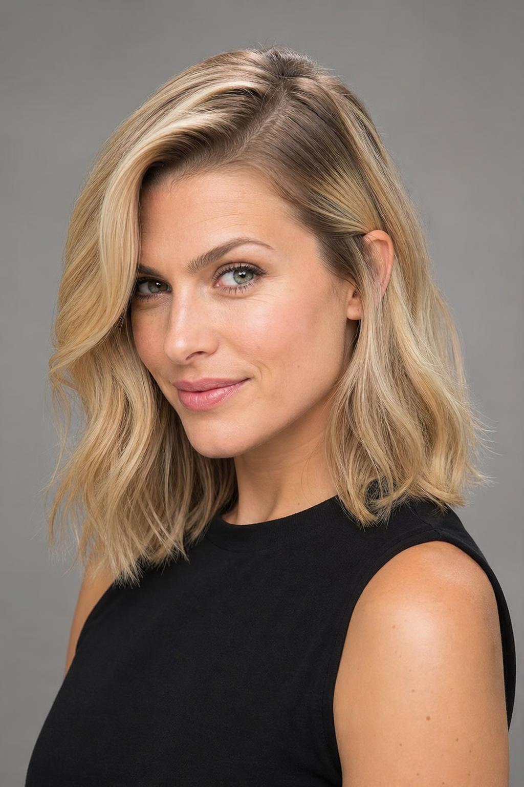 Deep Side Part with Loose Waves Below the Ears on Medium Blonde Hair