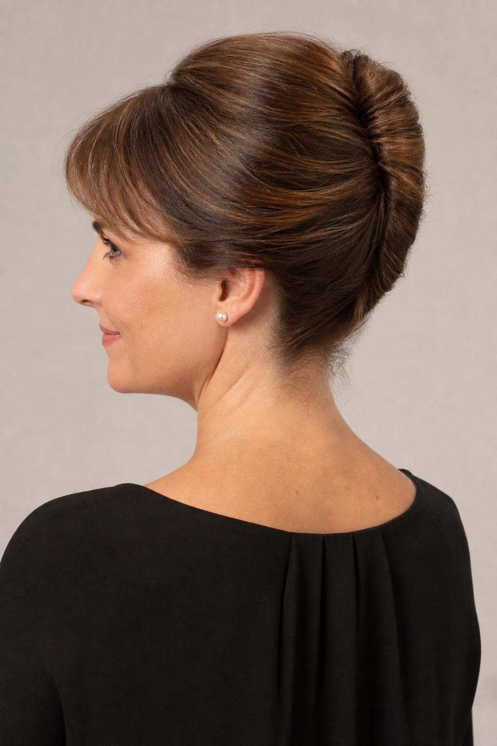 Classic French Twist Rolled Vertically at the Back on Mid-Back Length Hair