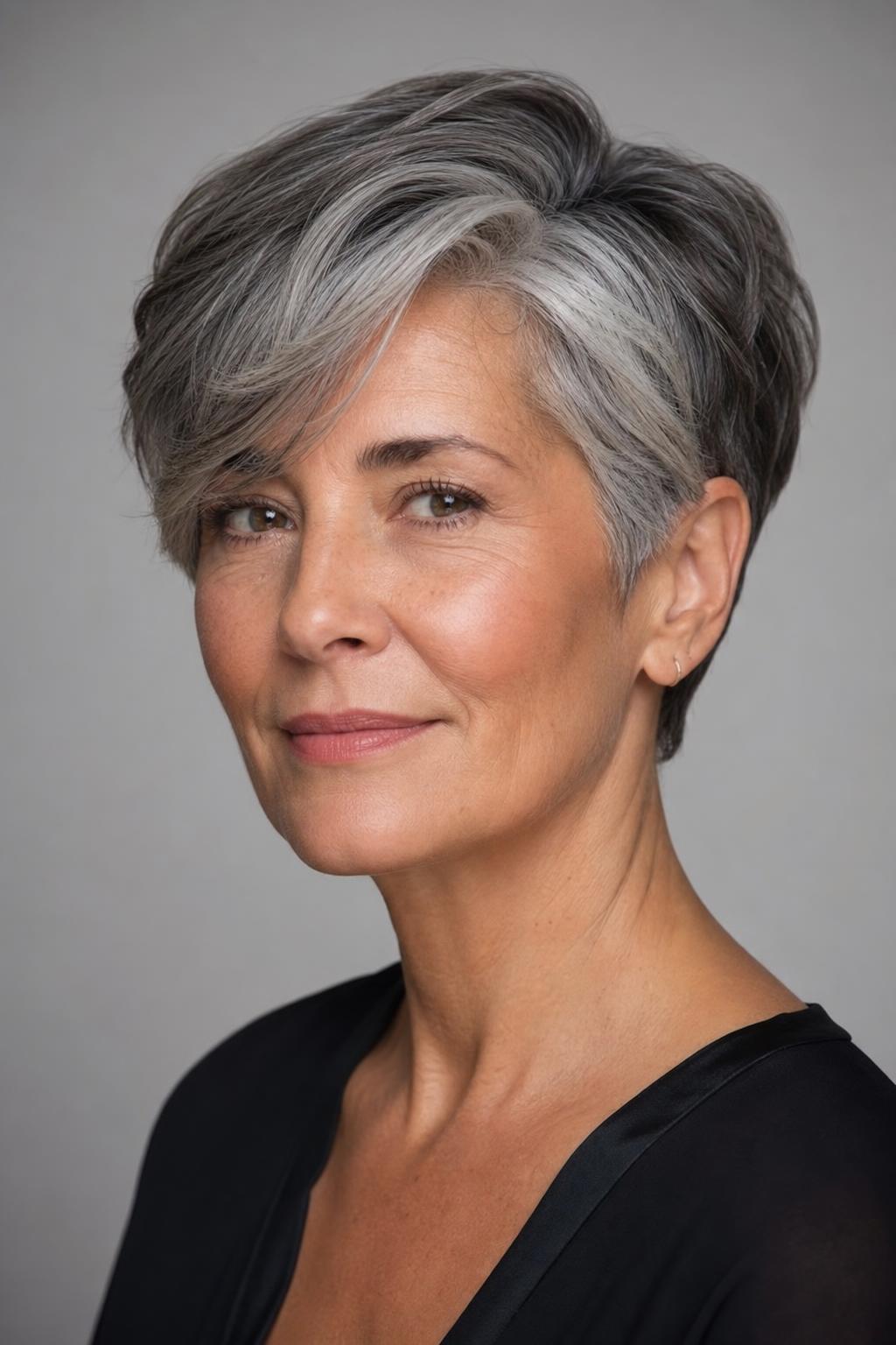Grown-Out Pixie Styled with a Shifted Side Part on Salt and Pepper Hair