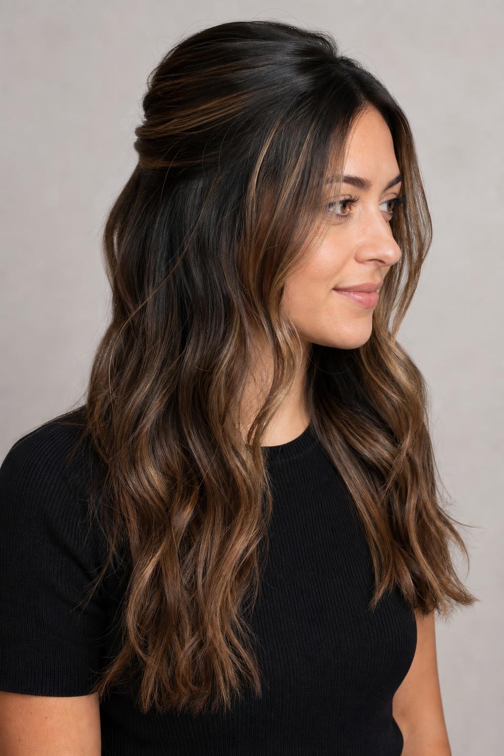Half-Up Style Exposing Darker Under-Layers Beneath Caramel Balayage