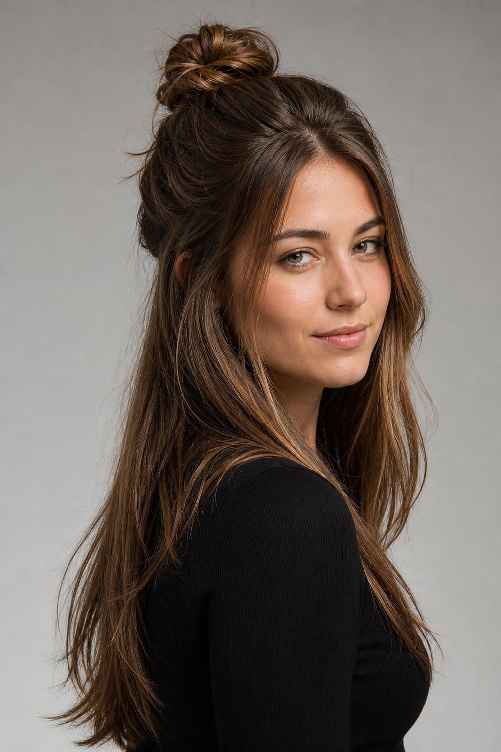 Half-Up Bun with the Lower Length Left Loose on Long Layered Hair